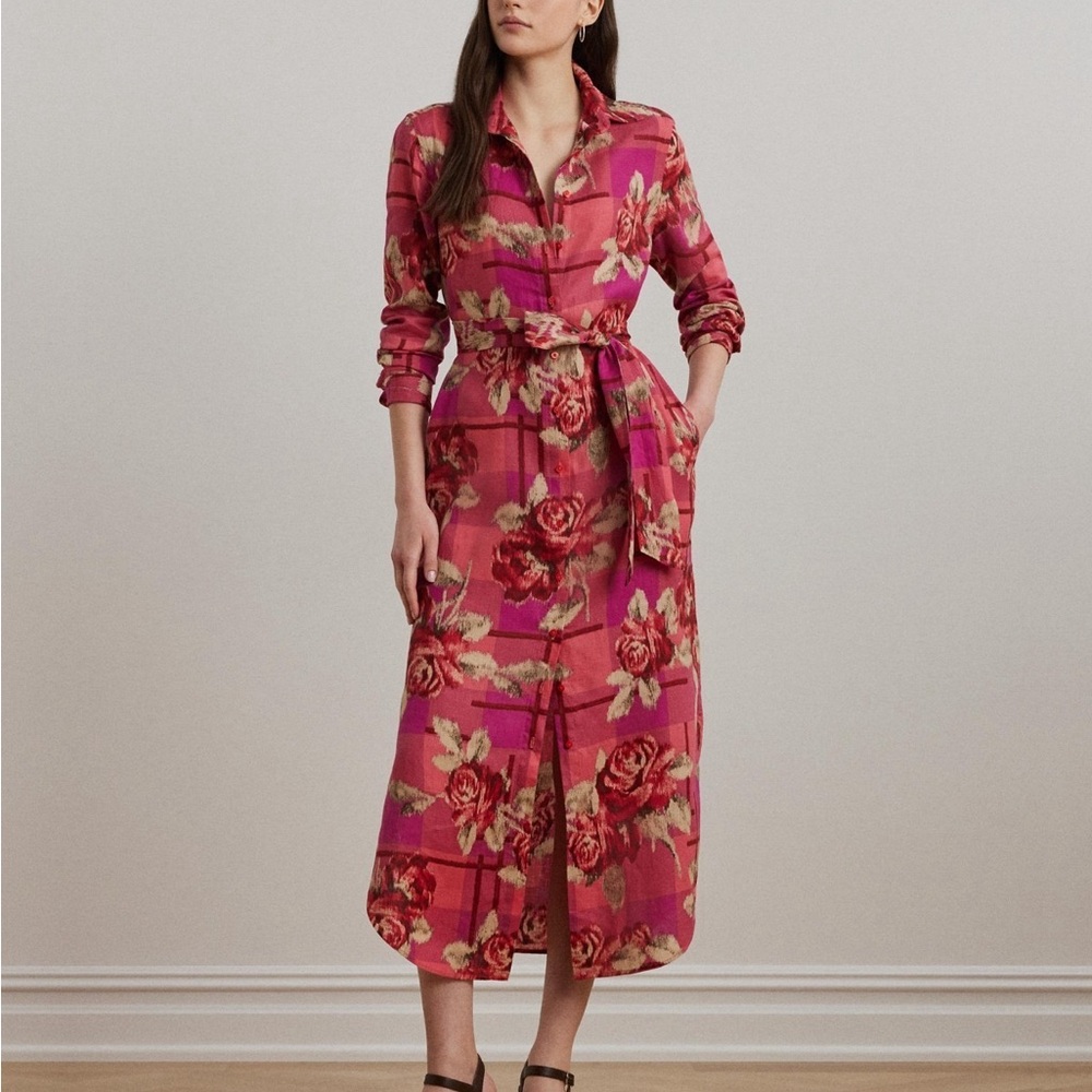 Ralph Lauren Rose-Print Pink Button-Front Shirt Dress